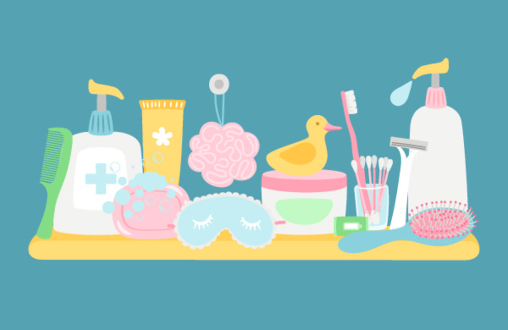 藍色背景下浴室衛生用品與化妝品載體的完美融合